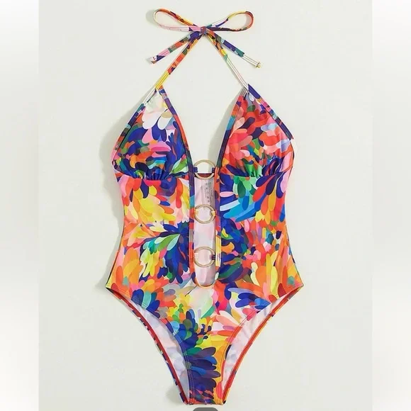 Shein multicolored deep V halter one piece swimsuit size small New in bag - Picture 8 of 8
